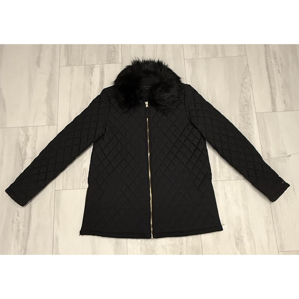 Tommy Hilfiger Black Long Puffer Jacket With Removable Faux Fur Collar Side Zips - Picture 9 of 12